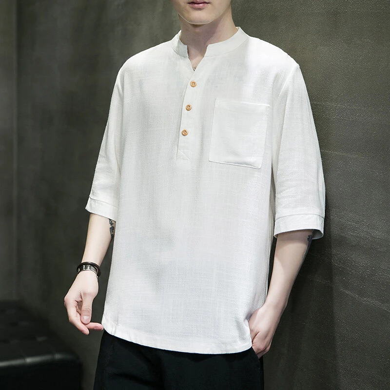 新中式夏季男士五分袖棉麻衬衫复古宽松纯色百搭唐装汉服短袖衬衣