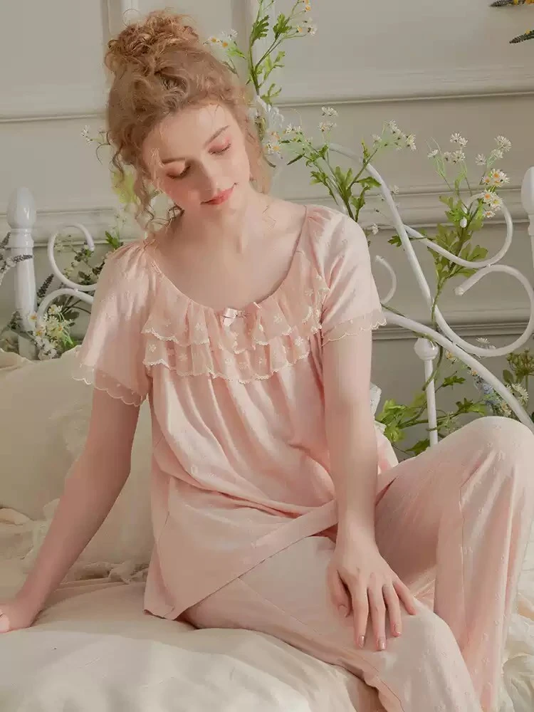 尘熙花朵棉短袖长裤睡衣女两件套装春夏薄蕾丝可外穿家居服24998