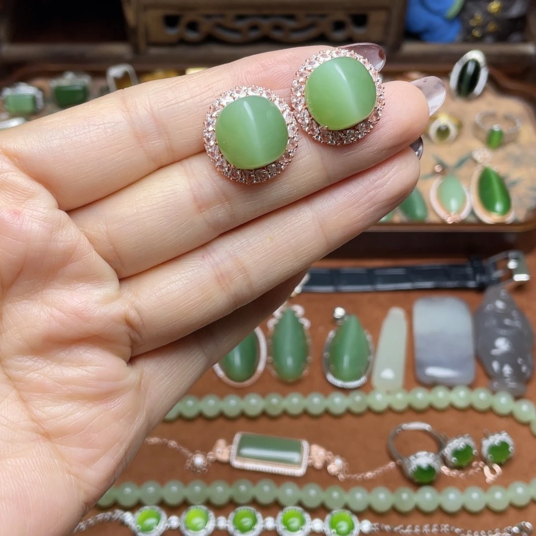 和田玉（碧玉）银S925镶嵌吊坠(不含链)耳钉