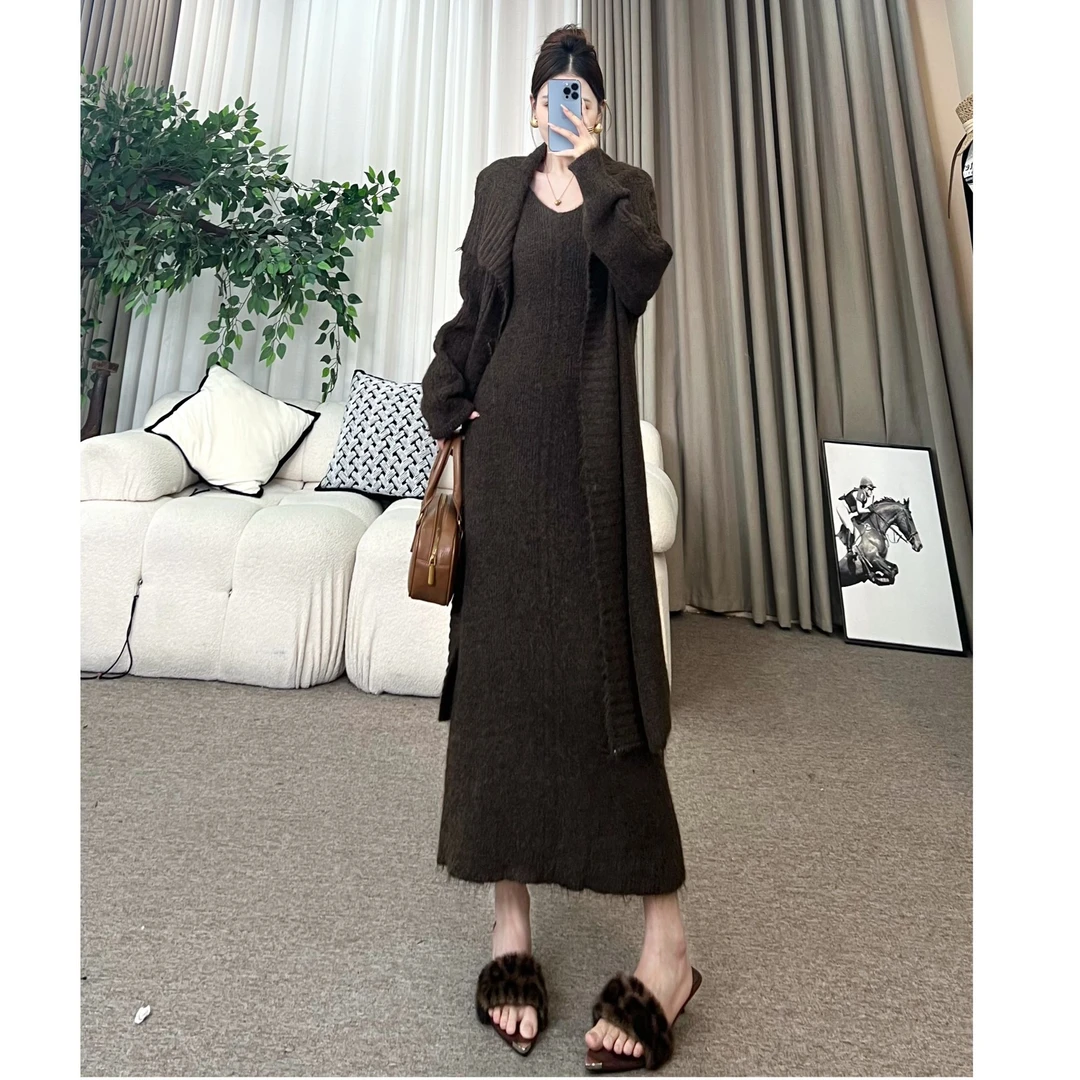 XIAOQIN【暮云心事】秋冬复古慵懒吊带连衣裙+长款开衫两件套T300