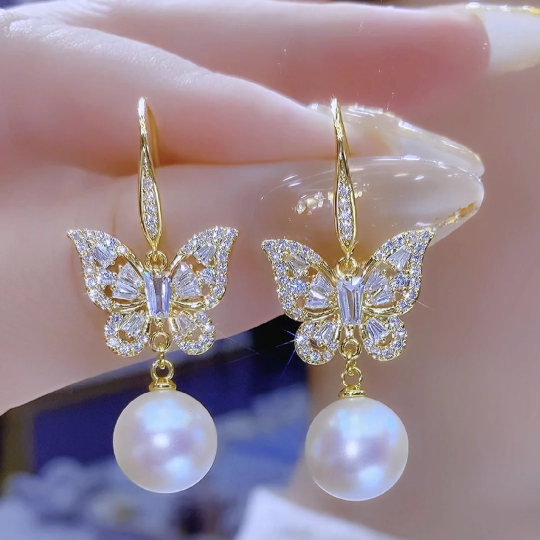 铜合金合成锆石耳饰 时尚气质轻奢百搭蝴蝶珠珠耳环