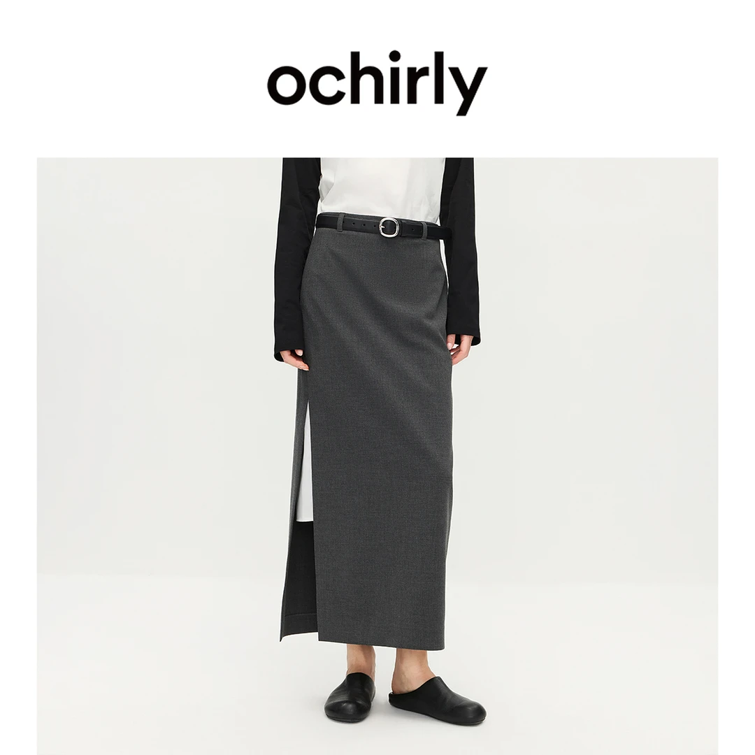 OCHIRLY欧时力 直筒半身裙中长款开衩通勤搭配内衬2025秋季新品