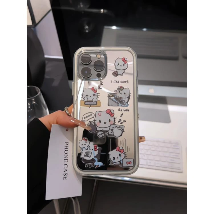 适用苹果16promax手机壳iPhone15炫彩镜面ins打工Kitty的精神状态