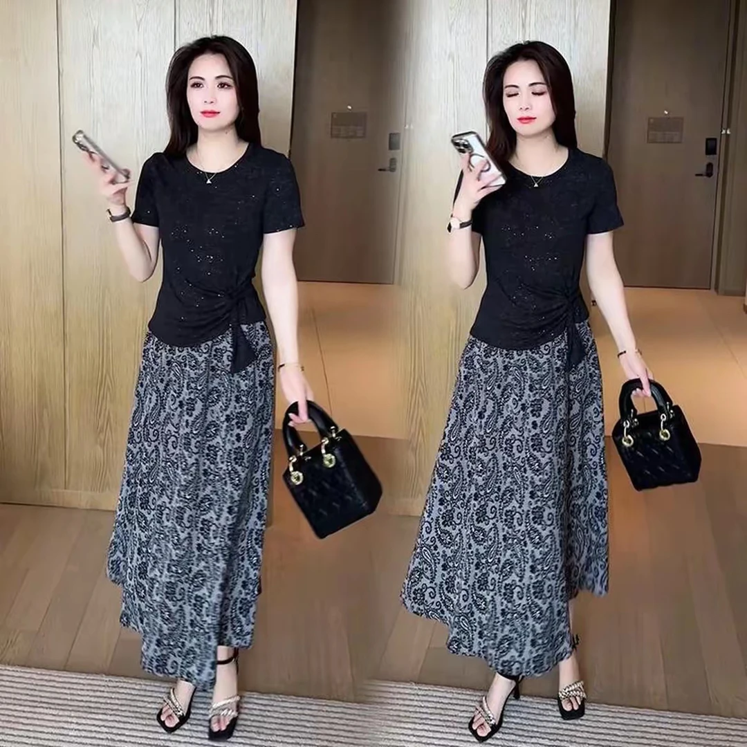 时尚套装2025夏季新款气质女短袖碎花半身裙减龄中长款显瘦两件套