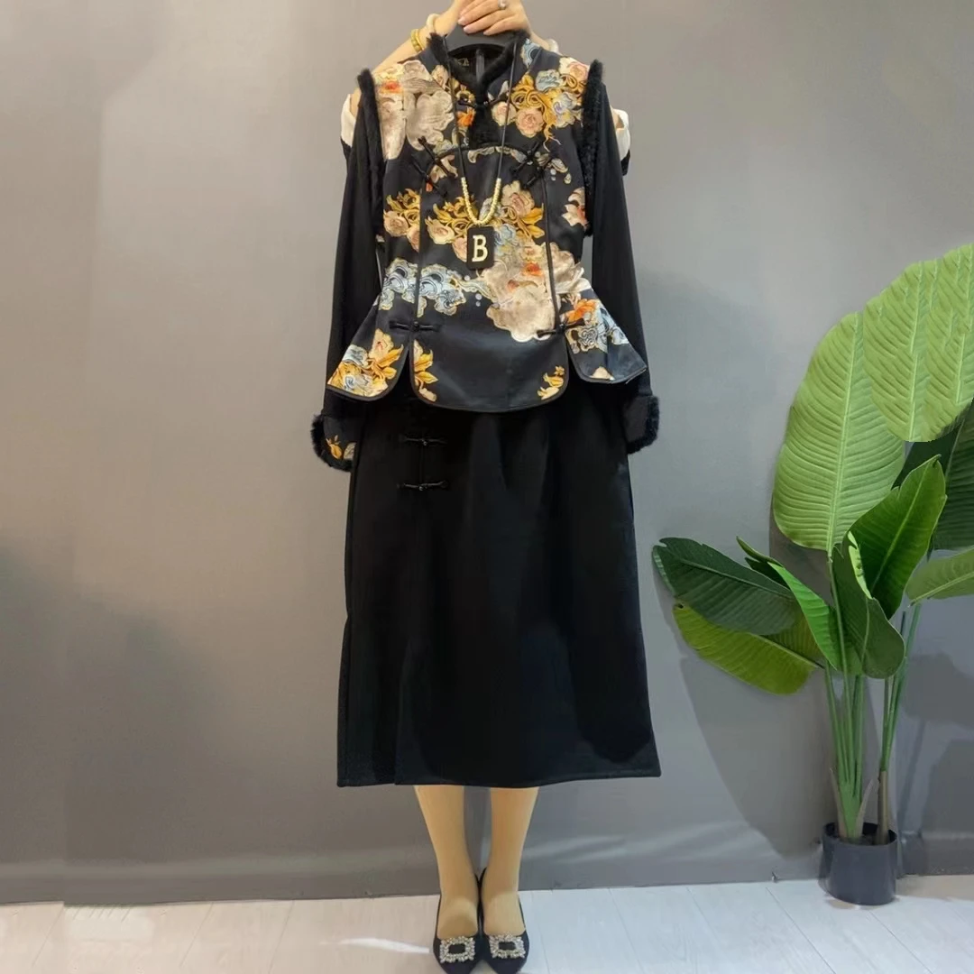 秋冬新款新中式国风提花盘扣马甲内搭半裙复古显瘦时尚百搭高级女