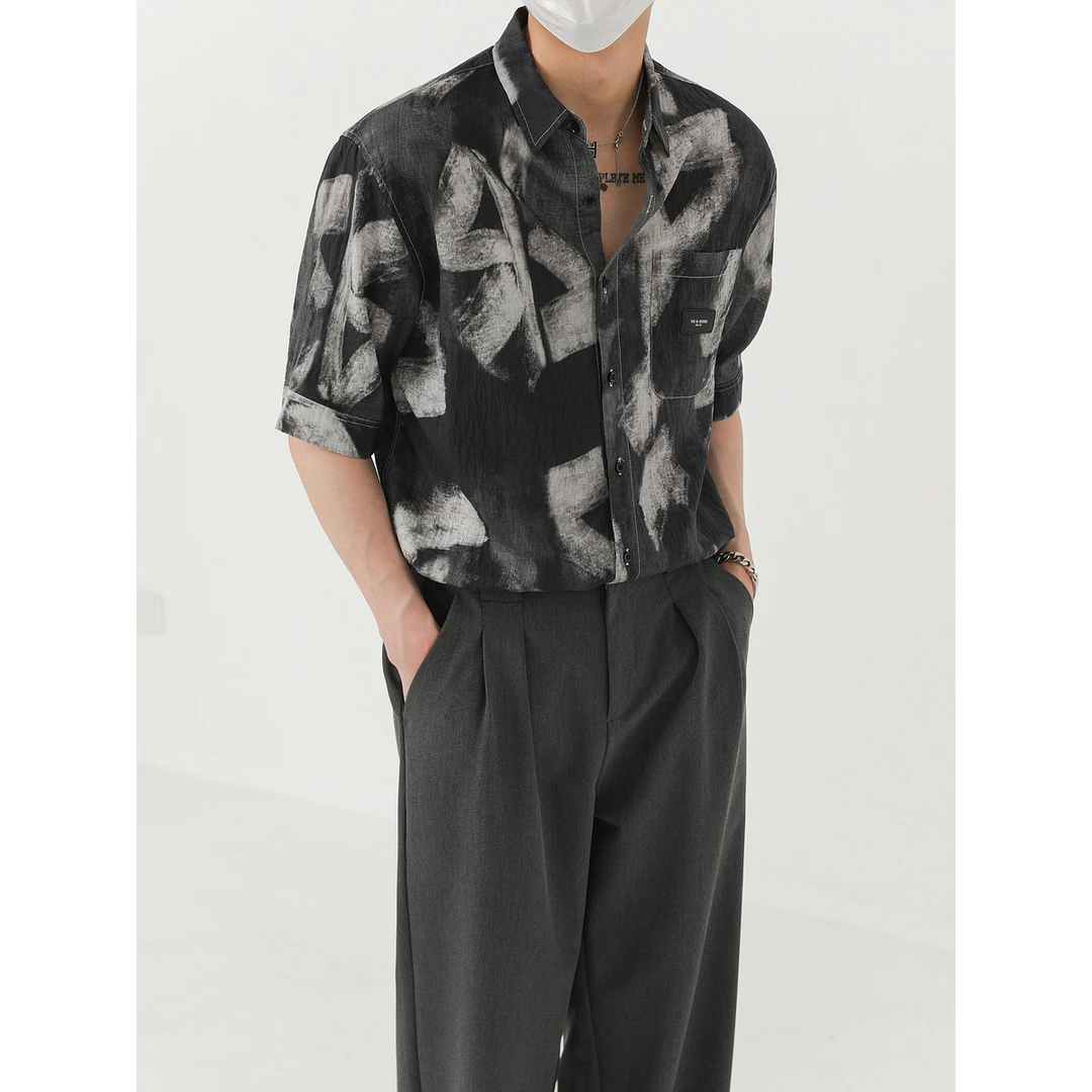 卓卓天丝莱赛尔短袖衬衫 男士夏季半袖潮流宽松5五分中袖花衬衣