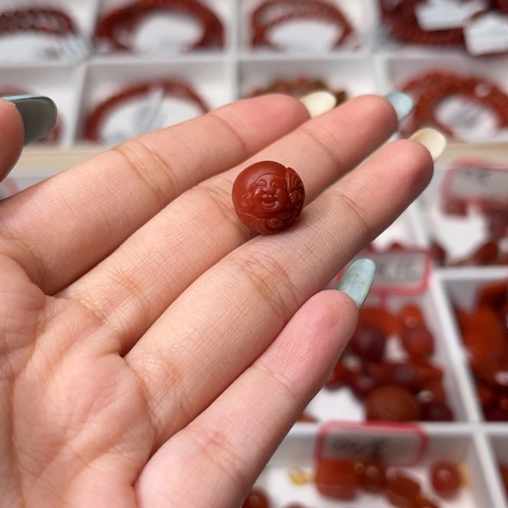 南红玛瑙未镶嵌精工雕刻弥勒佛满肉柿子红玫红双色12mm