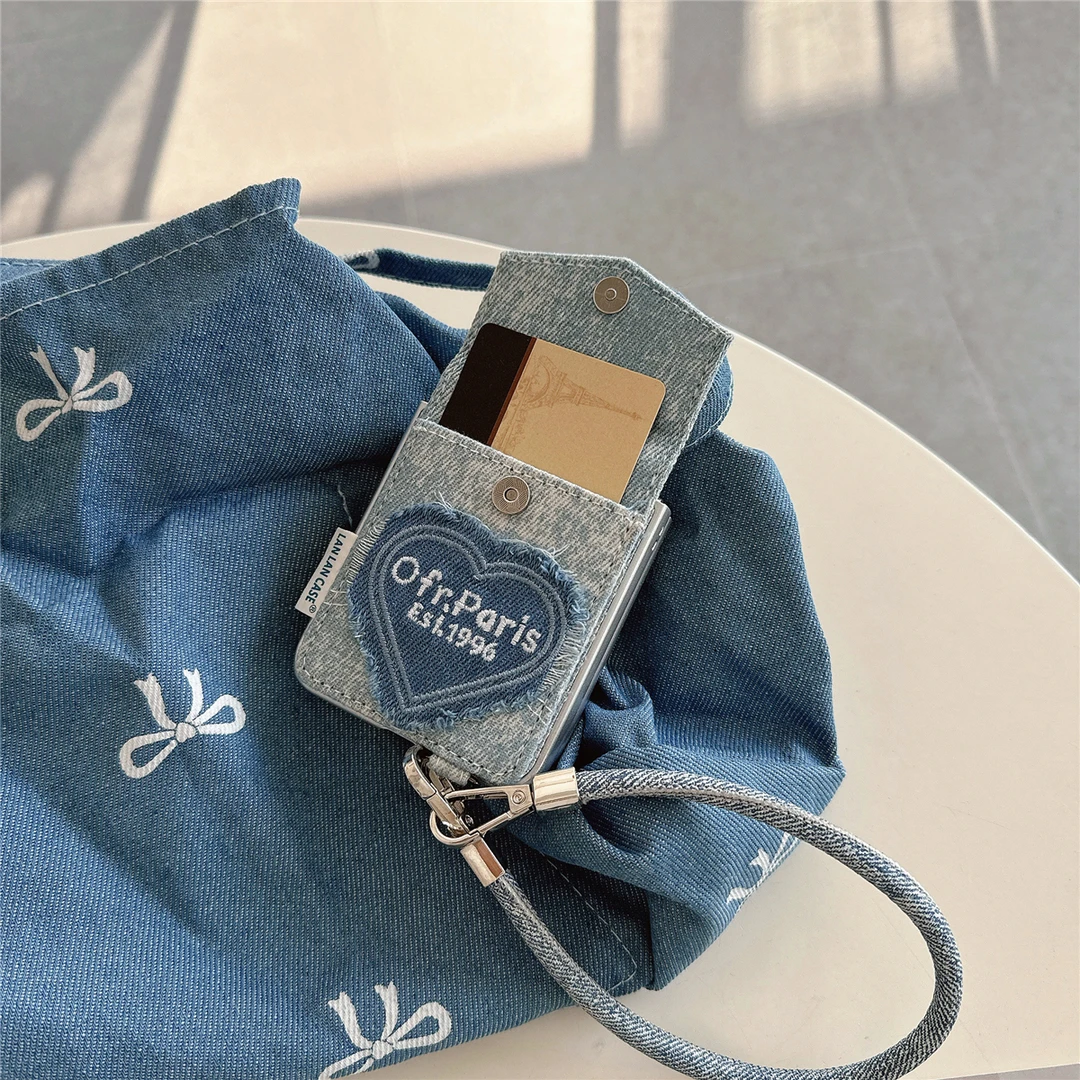 牛仔布爱心卡包适用小米MIXFlip手机壳折叠华为Pocket2三星ZFlip6