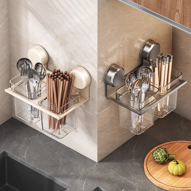 枪灰筷子收纳盒壁挂式厨房置物架免打孔多功能筷筒筷篓沥水收纳架