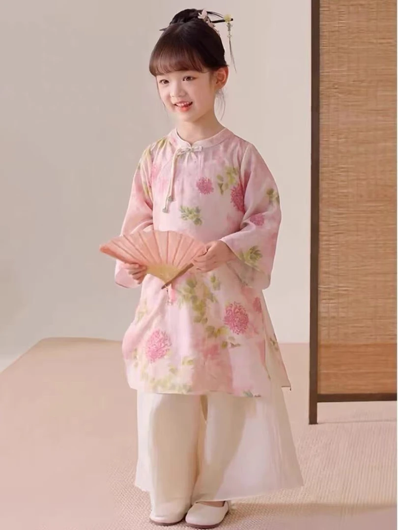 2025夏季新款国风女童汉服复古中式民国风洋气上衣+裤子套装