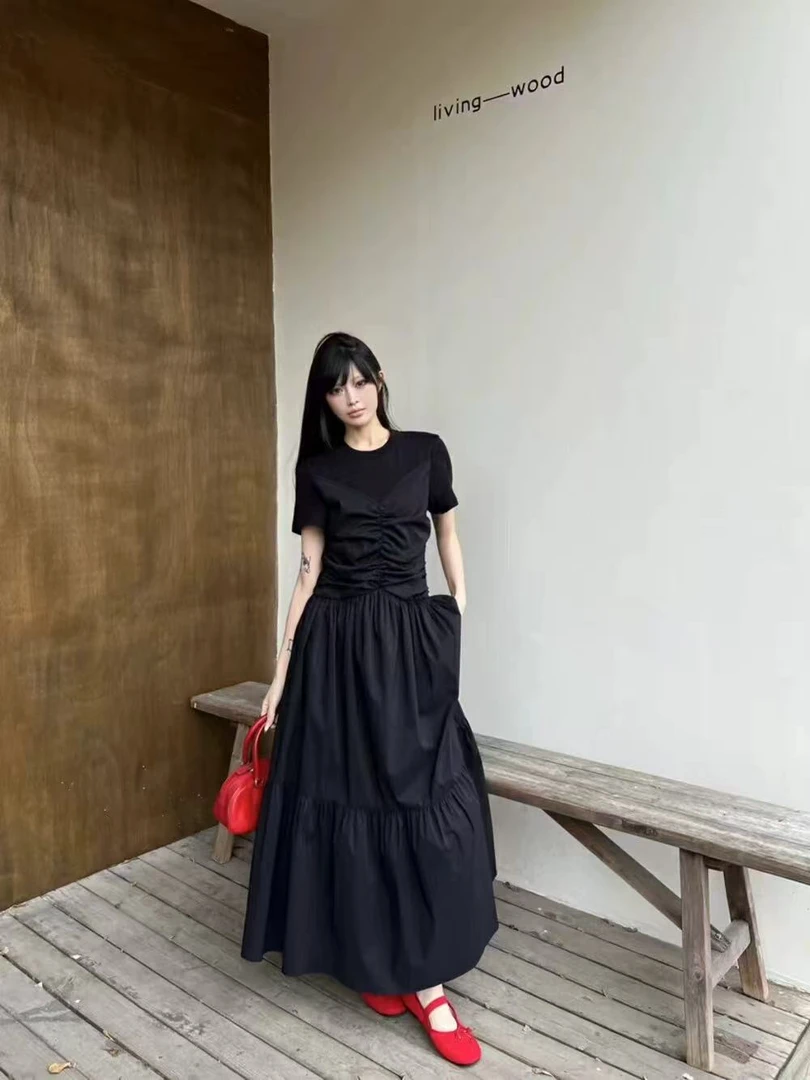 688698 夏季时尚韩版圆领褶皱设计感收腰连衣裙 D6