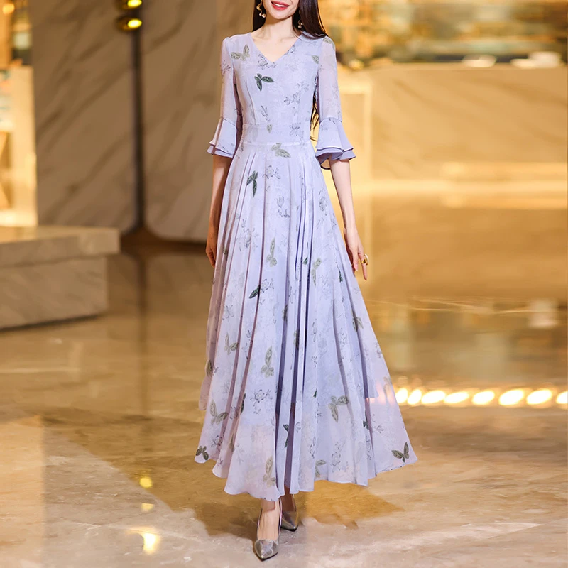 连衣裙女2025年新款夏季高端雪纺气质v领荷叶边收腰显瘦飘逸长裙