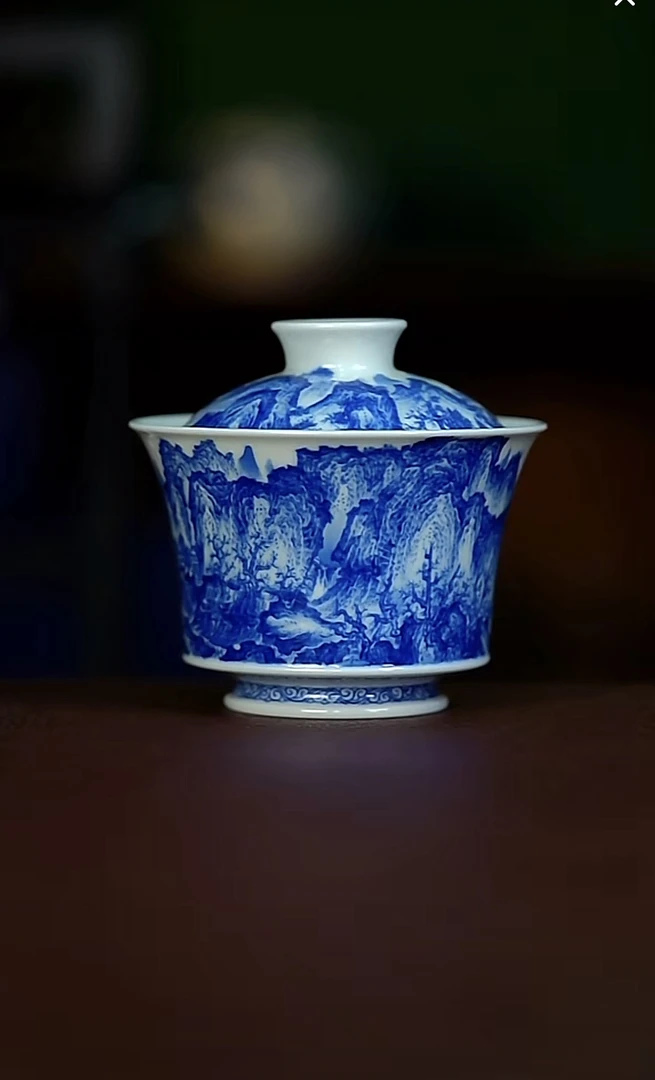 寻山晓隐江山行旅图马蹄盖碗