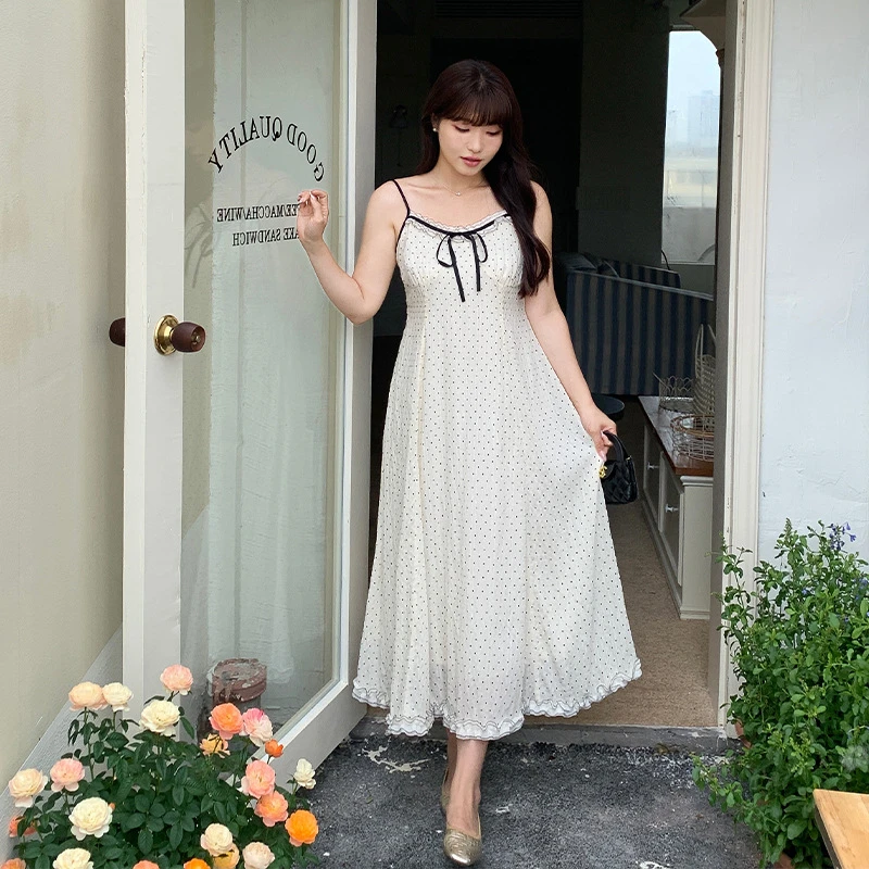 大码春夏季复古波点显瘦木耳花边吊带连衣裙