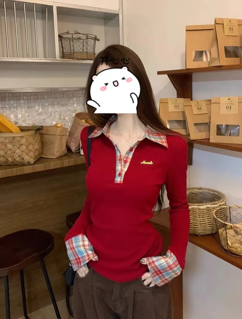 W0090小众拼接格子Polo领针织衫女春季设计感修身打底衫内搭上衣