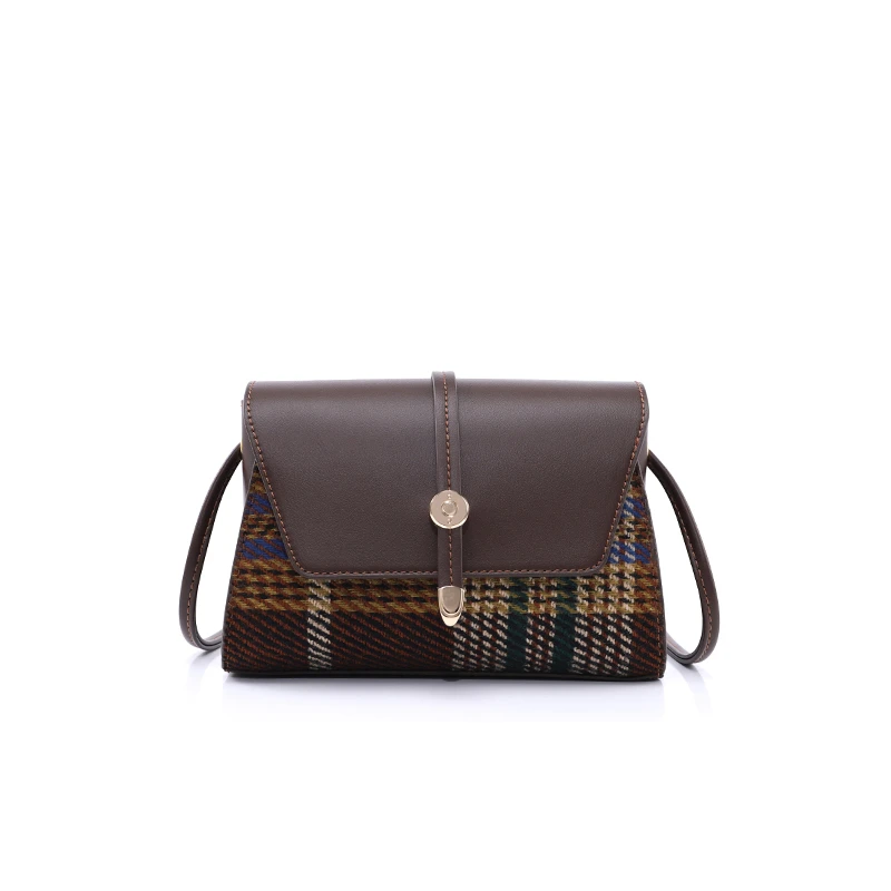 多层款单根编织斜挎包棕色肩包小方包单肩小包包棋盘格