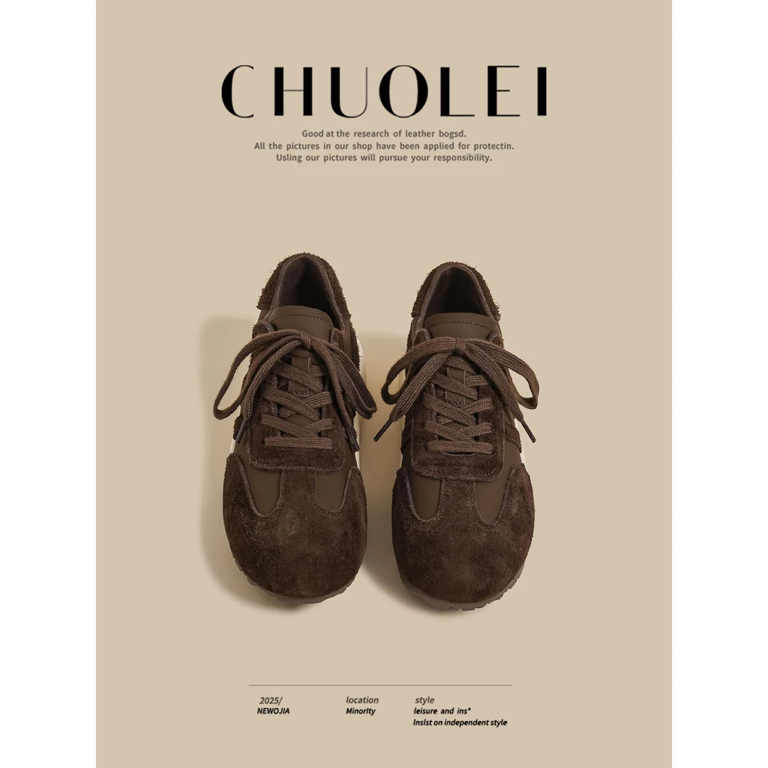 2025秋季新款厚底德训鞋女棕色松糕覆古运动休闲板鞋阿甘老爹潮鞋