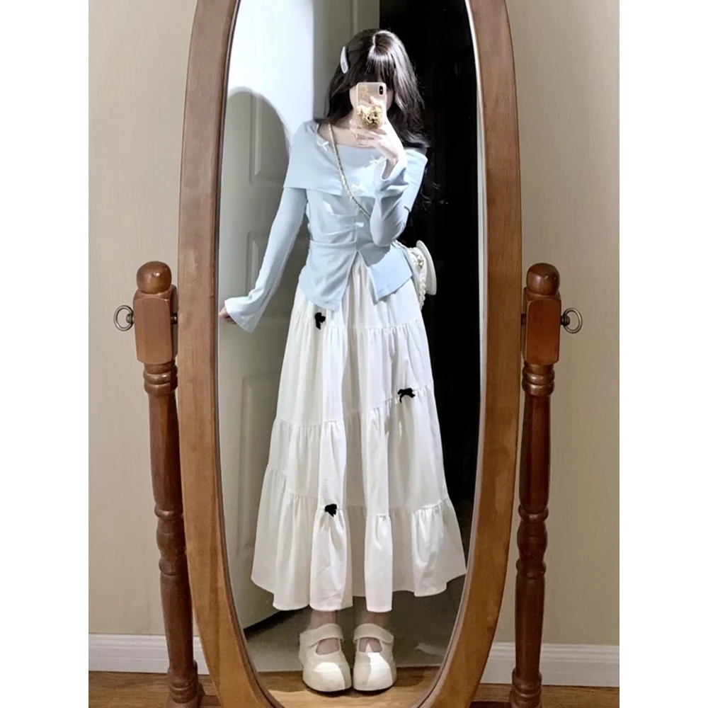 早秋季法式蓝色长袖连衣裙子女秋装2024年新款小个子穿搭长裙套装