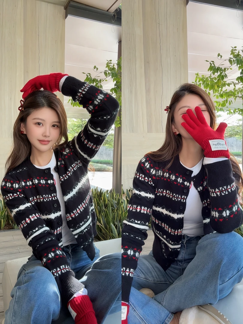 楚楚君 Laugh girl【费尔岛提花】圆领复古老钱长袖毛衣M2577