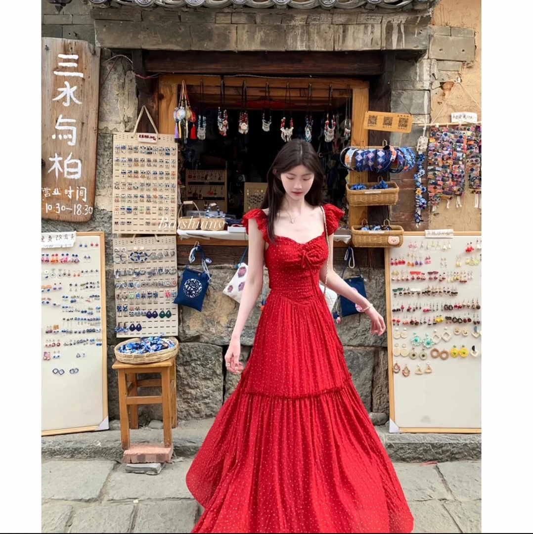 【海岛繁花】小飞袖露背连衣裙女显瘦温柔百搭海边度假连衣裙红色