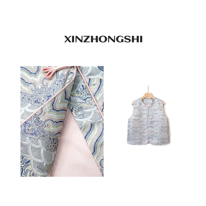 RF（云海）2024新款蓝色吉祥云纹上衣圆领盘扣复古马甲FB24012803