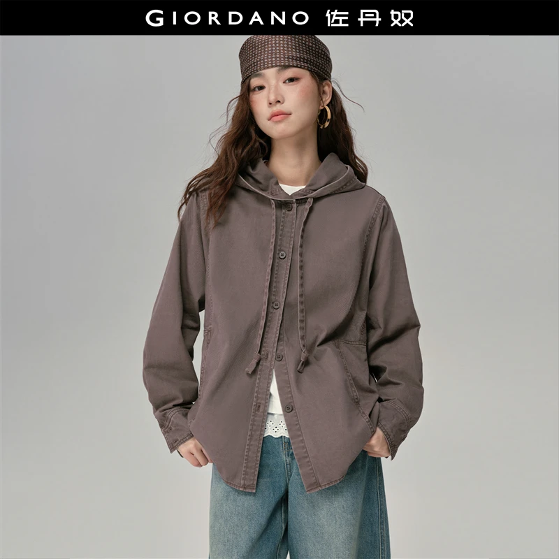 佐丹奴外套女装纯棉秋季复古洗水连帽衬衫式外套 18375805