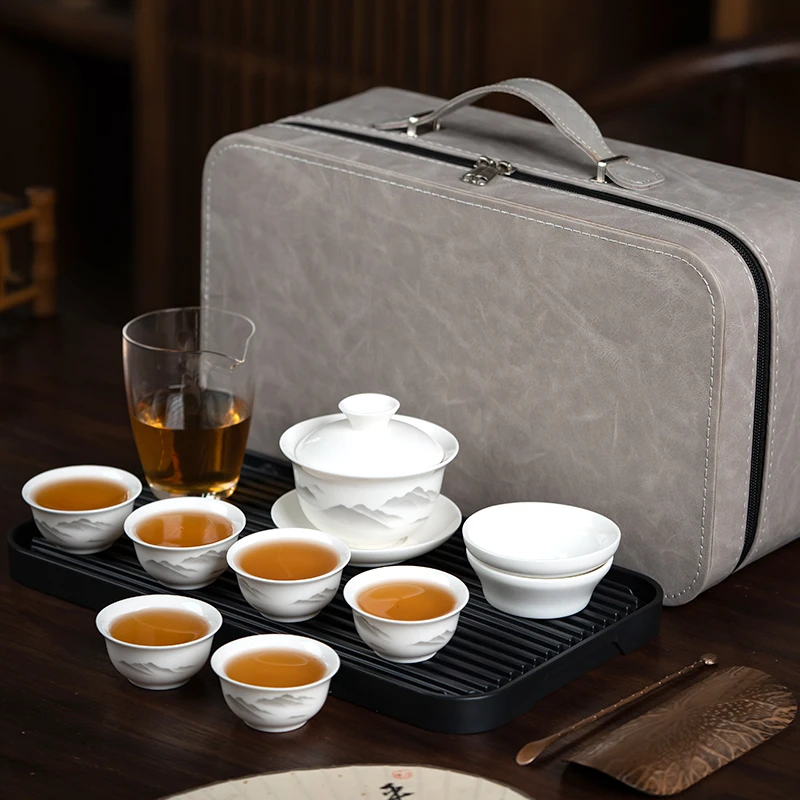 创意可悬停远山旅行茶具大号户外便携式套装车载露营茶具羊脂玉瓷