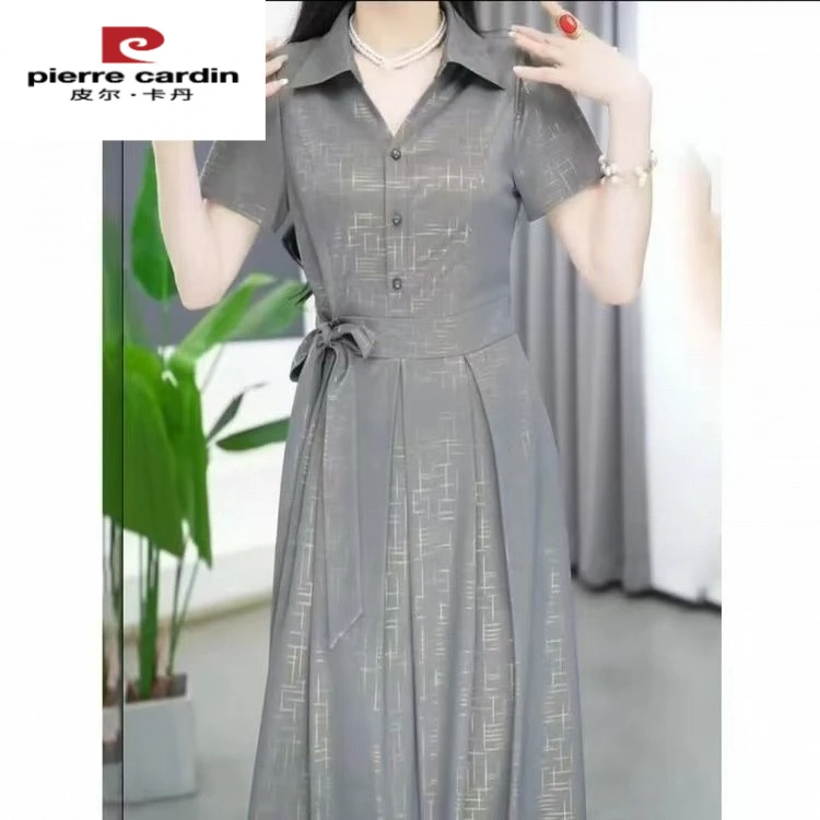 皮尔卡丹新款新款中年妈妈短袖连衣裙女士含色显瘦中长款收腰时尚