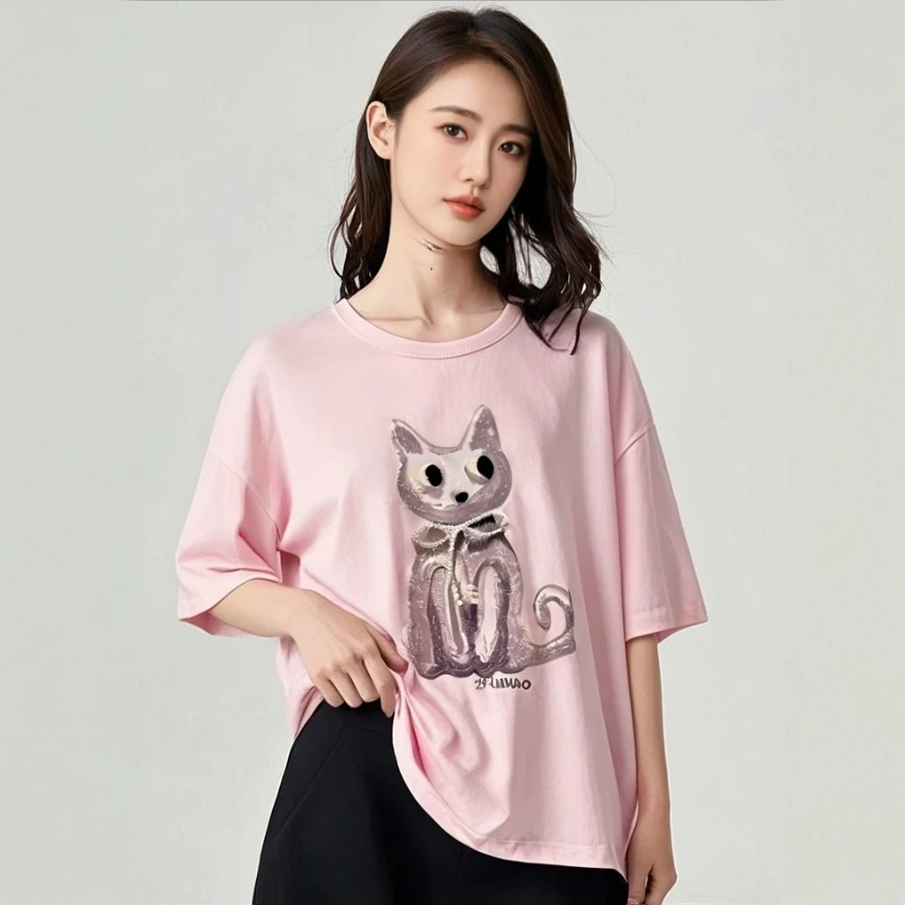 0239-水淼25夏季新品时尚大版体恤休闲百搭宽松卡通印花春夏显瘦