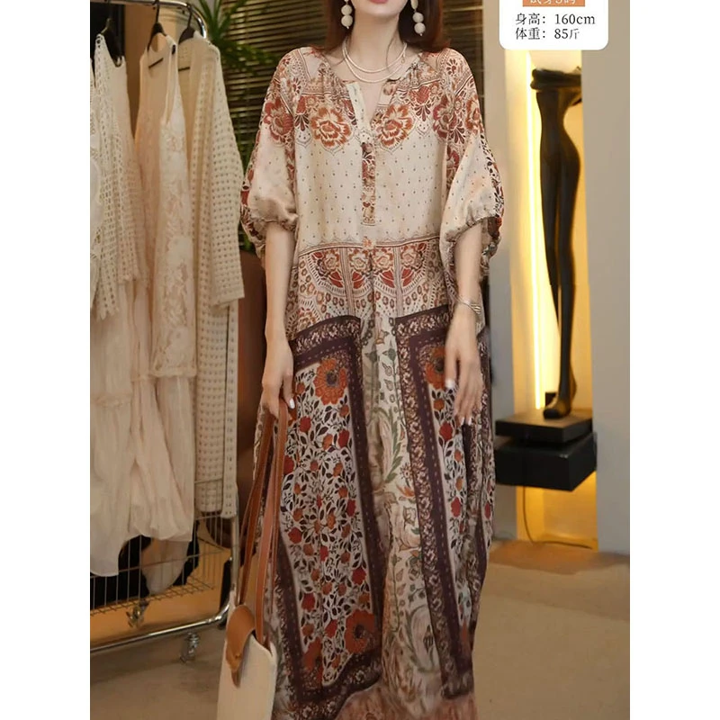 复古气质印花连衣裙女2025年夏季新款大码女装宽松显瘦长裙送腰带