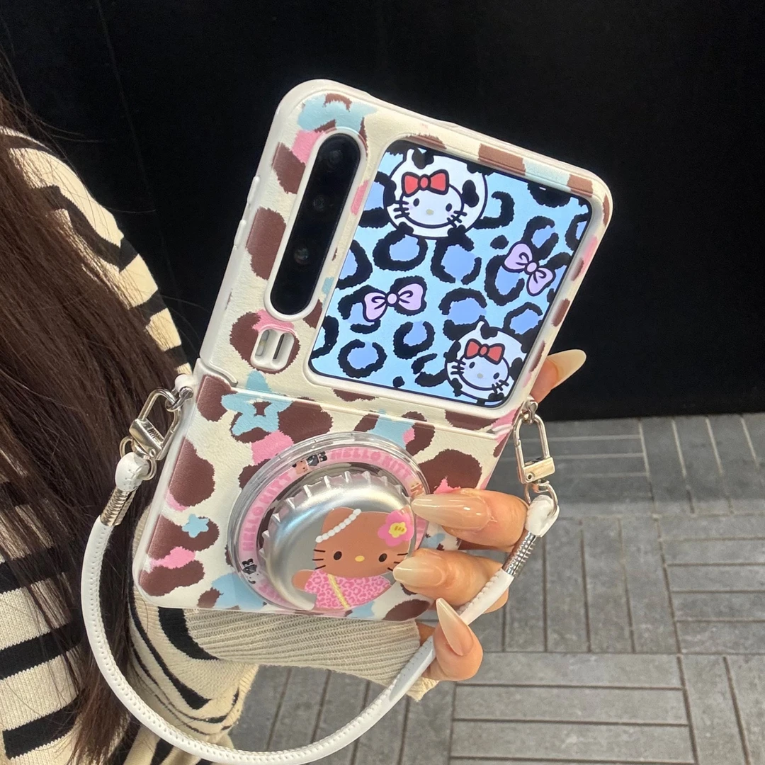 适用华为purax折叠屏手机壳蓝棕皮质pocket2豹纹瓶盖kt猫磁吸支架