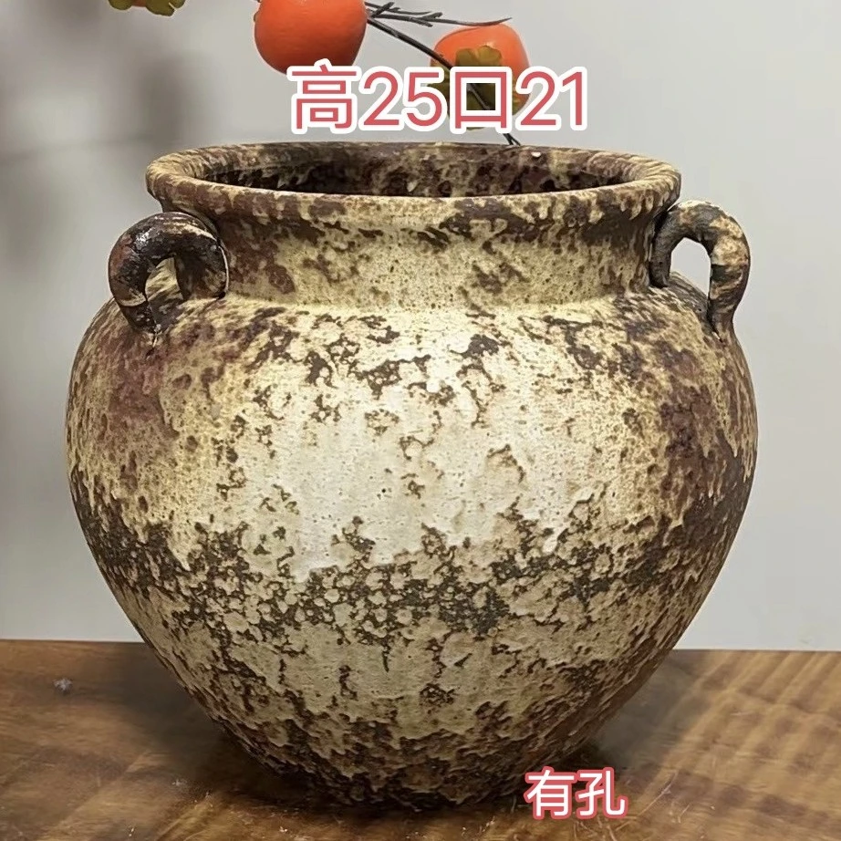 粗陶花瓶土陶多肉花盆手工陶罐中式老桩法师清仓大号三耳复古花盆