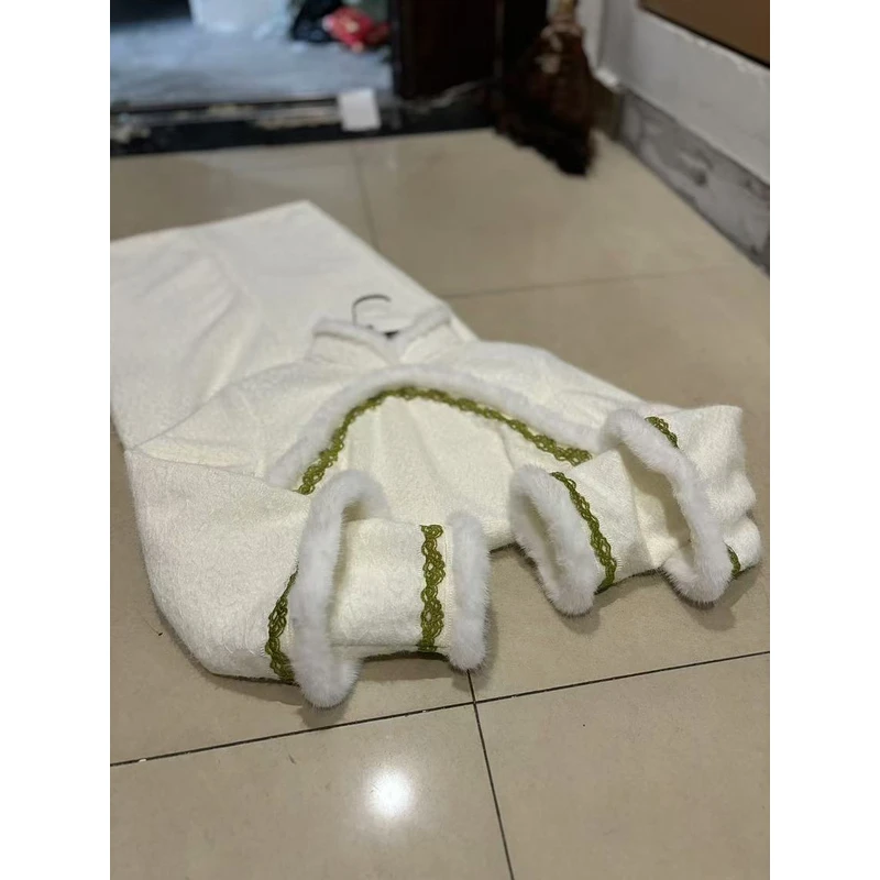 1466 白色 绿色 半圆襟 毛领 蕾丝边 加绒 长旗袍