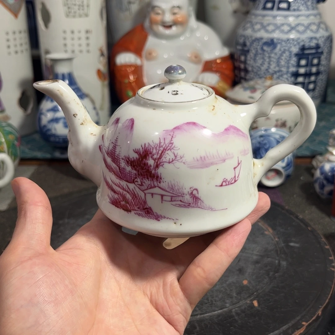 胭脂红山水画茶壶