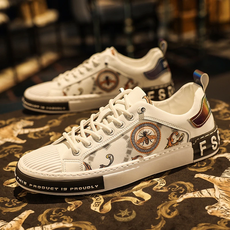 欧洲站轻奢男鞋小蜜蜂小白鞋男时尚休闲鞋个性印花板鞋潮牌潮鞋