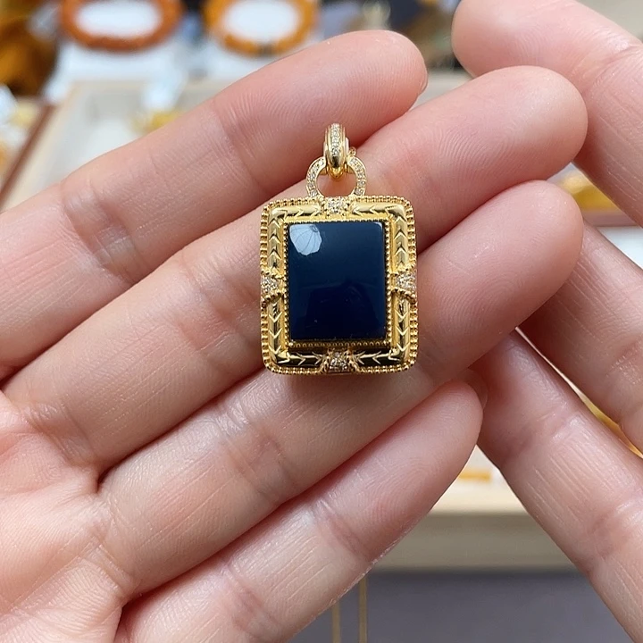 蓝珀珠宝奇石18K金镶嵌多米尼加蓝珀吊坠