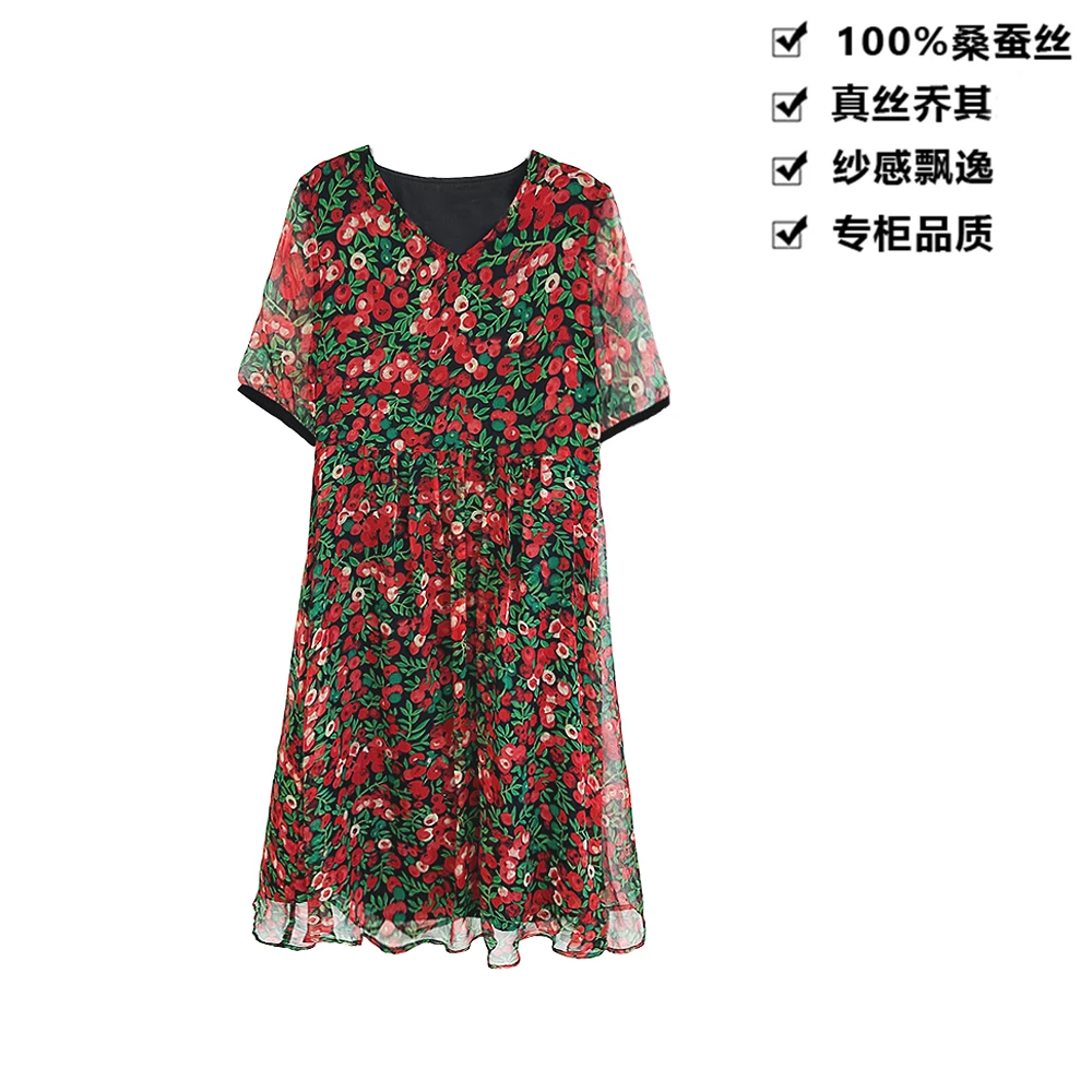 100桑蚕丝连衣裙真丝乔其红绿花卉交织印花桑蚕丝连衣裙LYQA98