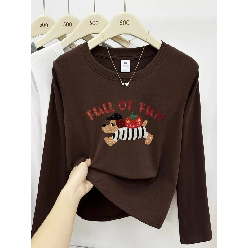 棕色洋气小狗印花正肩长袖t恤女春秋冬季圆领胖mm大码上衣打底衫