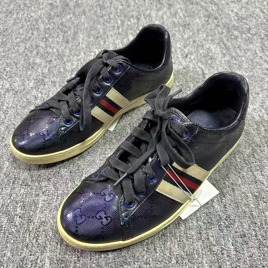 95新 GUCCI/古驰 35码/米亚女鞋蓝色双G印花红绿条纹休闲板鞋718