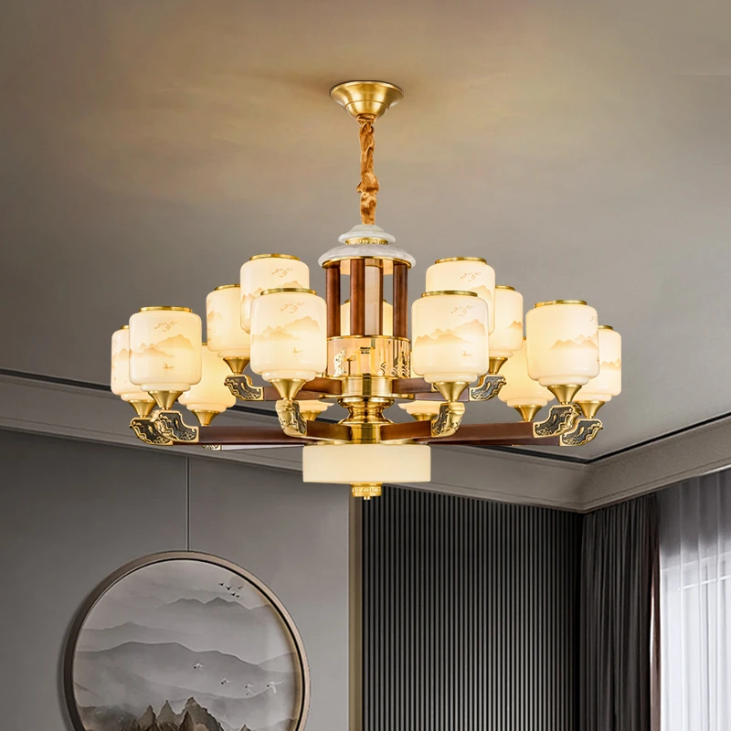 新中式全铜玉石客厅吊灯鱼跃龙门客厅主灯禅意大气餐厅房间吊灯