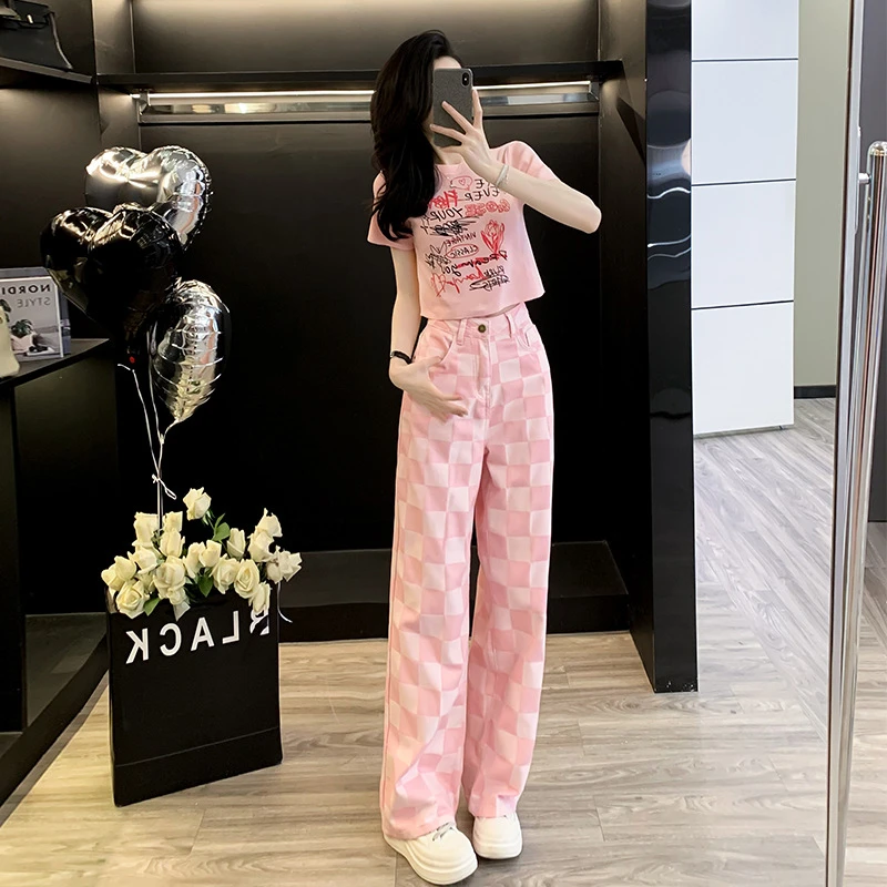 今年流行休闲时尚套装女夏2025新款粉色高级感洋气显瘦上衣阔腿裤