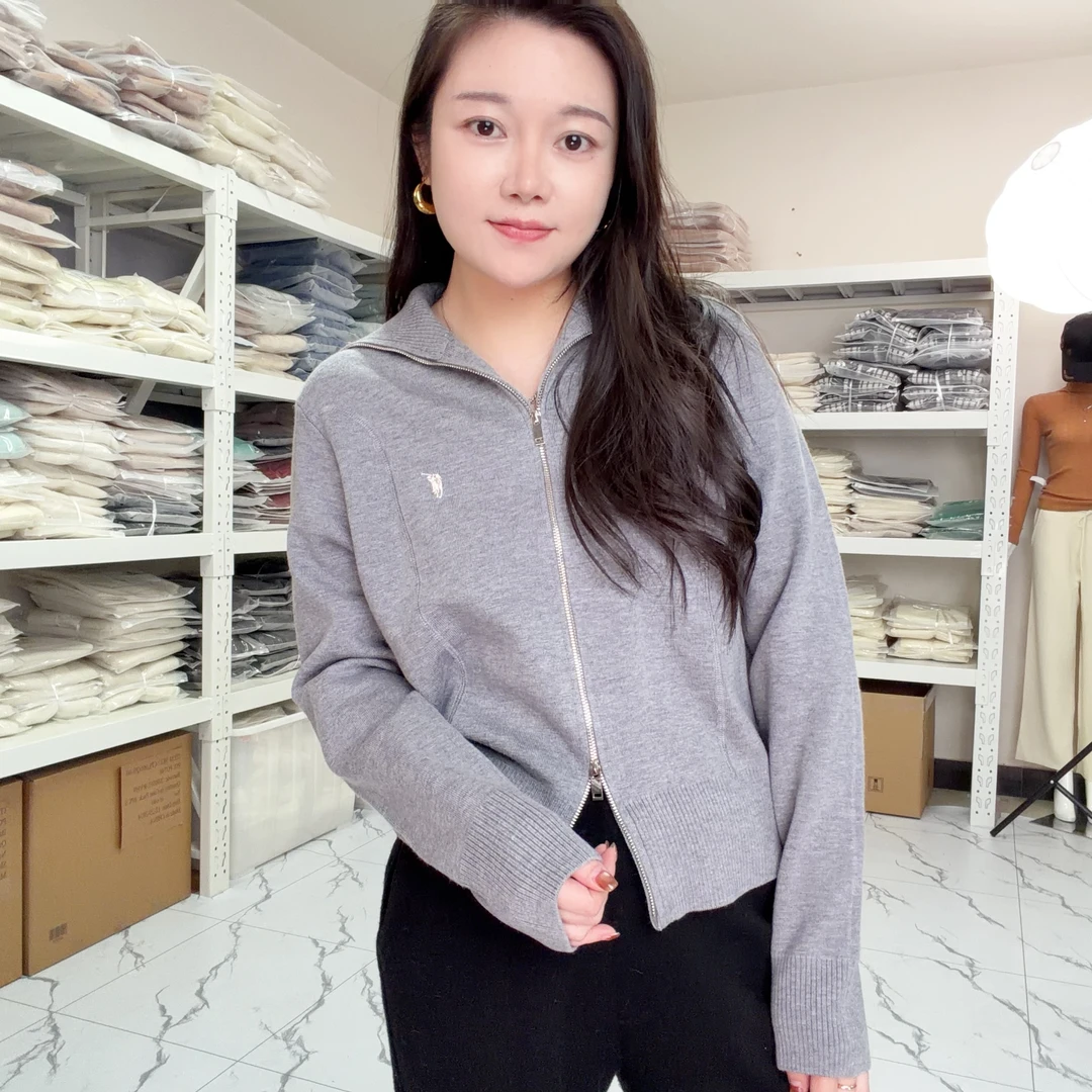 【YK】落肩袖翻领秋季开衫款女毛针织衫针织上衣休闲短款10068