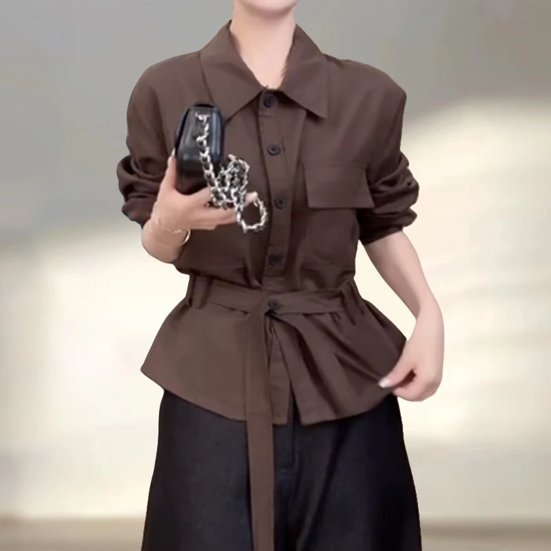 法式老钱风早秋收腰腰带衬衫女松弛慵懒宽松显瘦遮肉polo领上衣潮