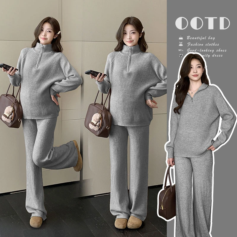 孕妇套装秋冬季加厚半拉链针织衫上衣+可调节阔腿裤子孕妇两件套