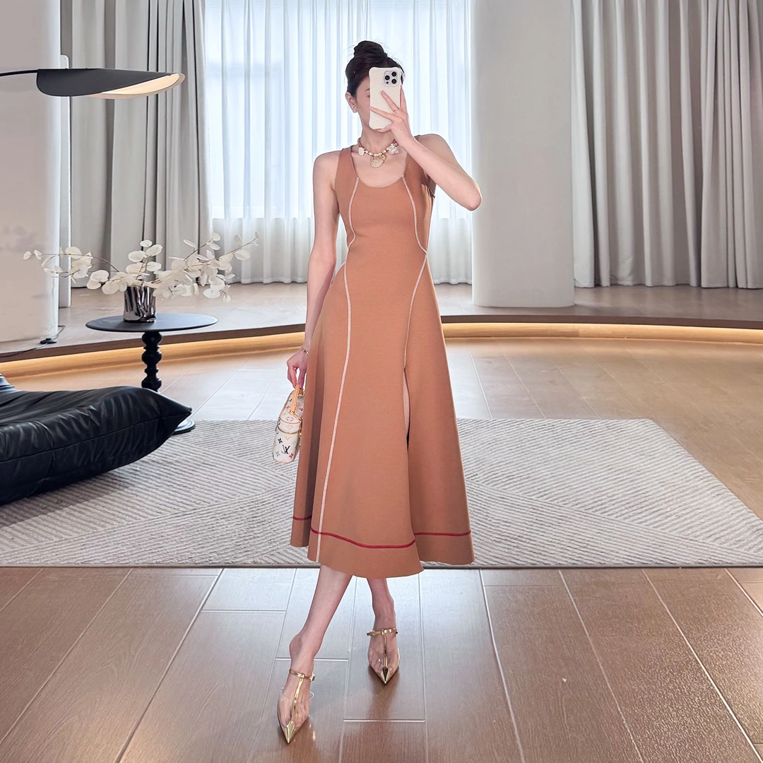 利祯新款【爱乐之城】春夏长裙法式高腰U字领宽肩带连衣裙LZ2134