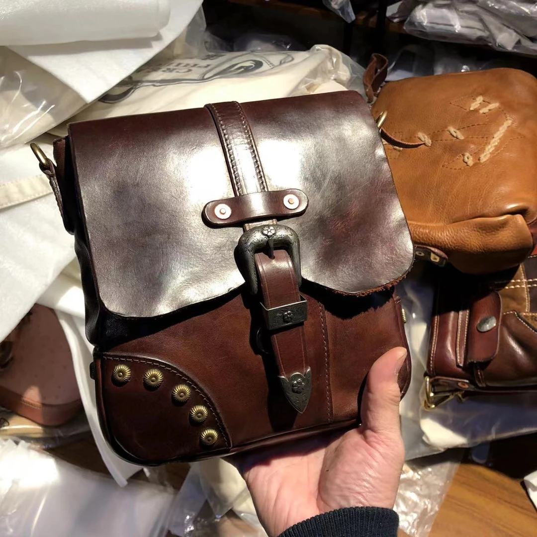 制道手工男士女士单肩斜挎包复古时尚休闲质感个性牛皮真皮包