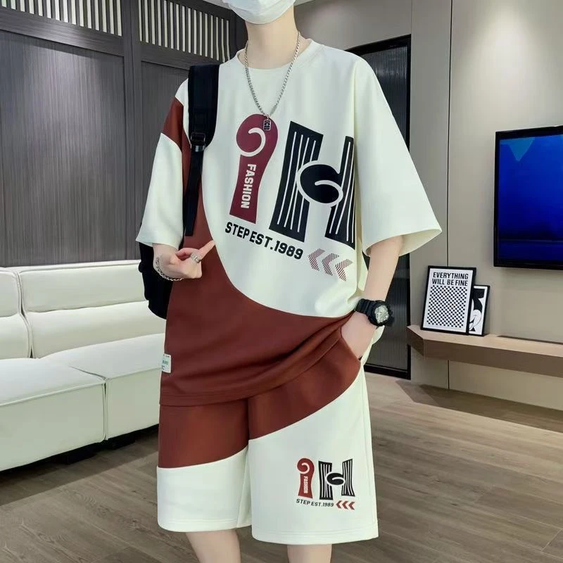 夏季新款华夫格短袖套装男士韩版休闲宽松百搭透气搭配短裤两件套