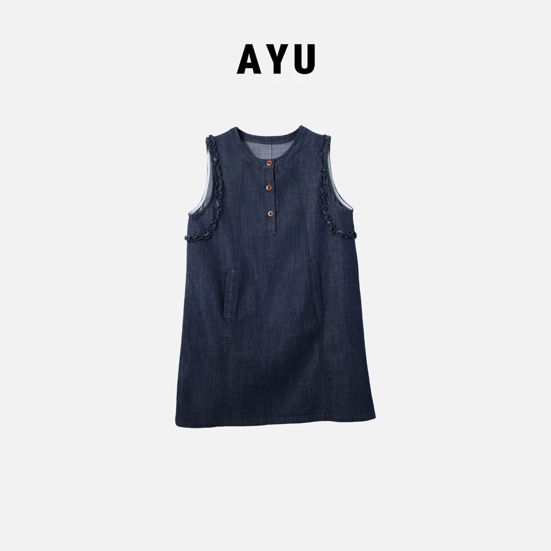 阿玉家&牛仔背心裙女夏新款复古减龄可爱风木耳边连衣裙#7130