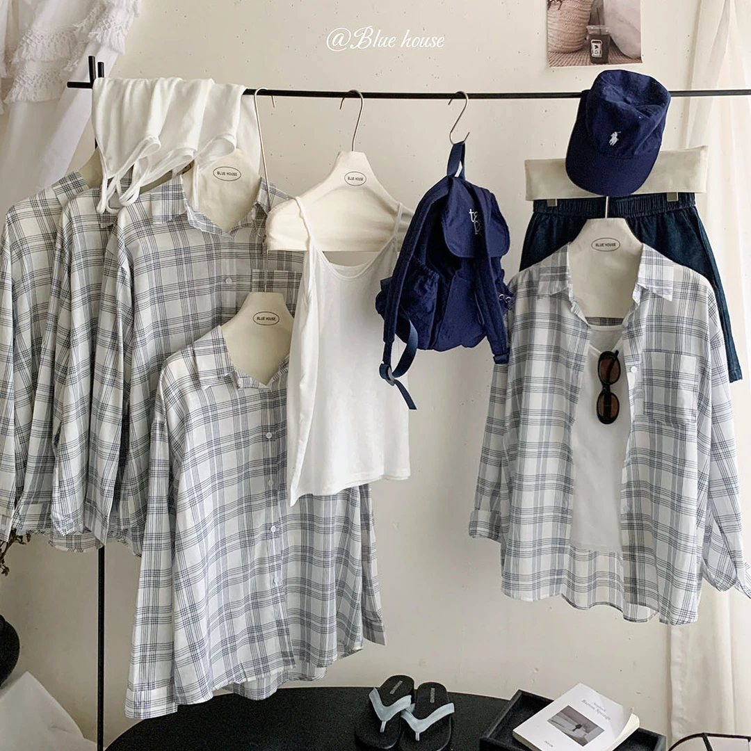 日系文艺低饱和蓝色格子防晒衬衫套装女夏吊带背心空调外搭两件套