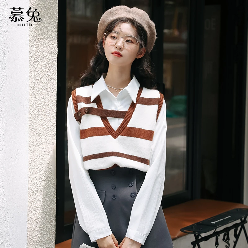 【粉丝专属】MT1749条纹针织马甲衬衫两件套背心叠穿上衣套装